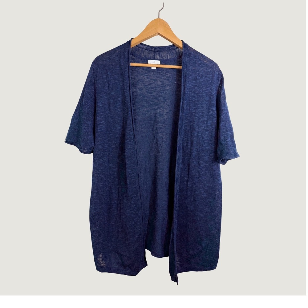 J. Jill Cardigan Women M Blue Linen Blend Open Front Short Sleeve Lightweight
